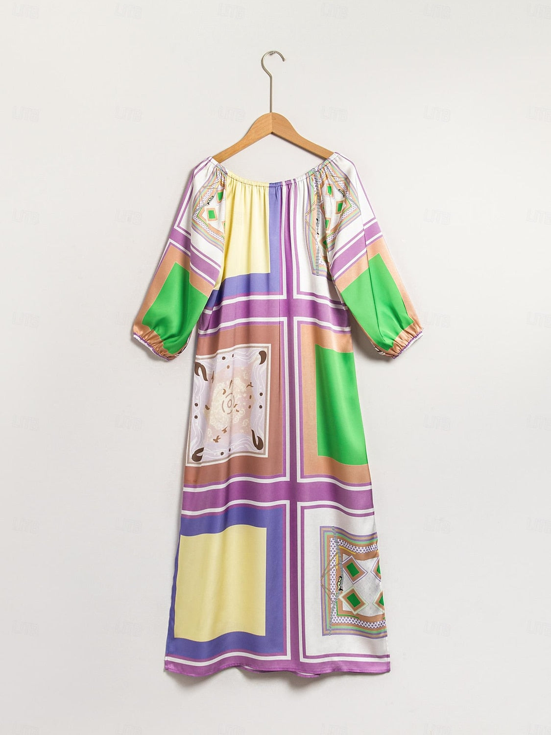 Vestido Maxi Fruncido de Satén con Bloques de Color Geométricos para Vacaciones