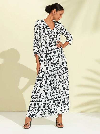 Satin Floral Geometric Pattern Vacation Maxi Dress