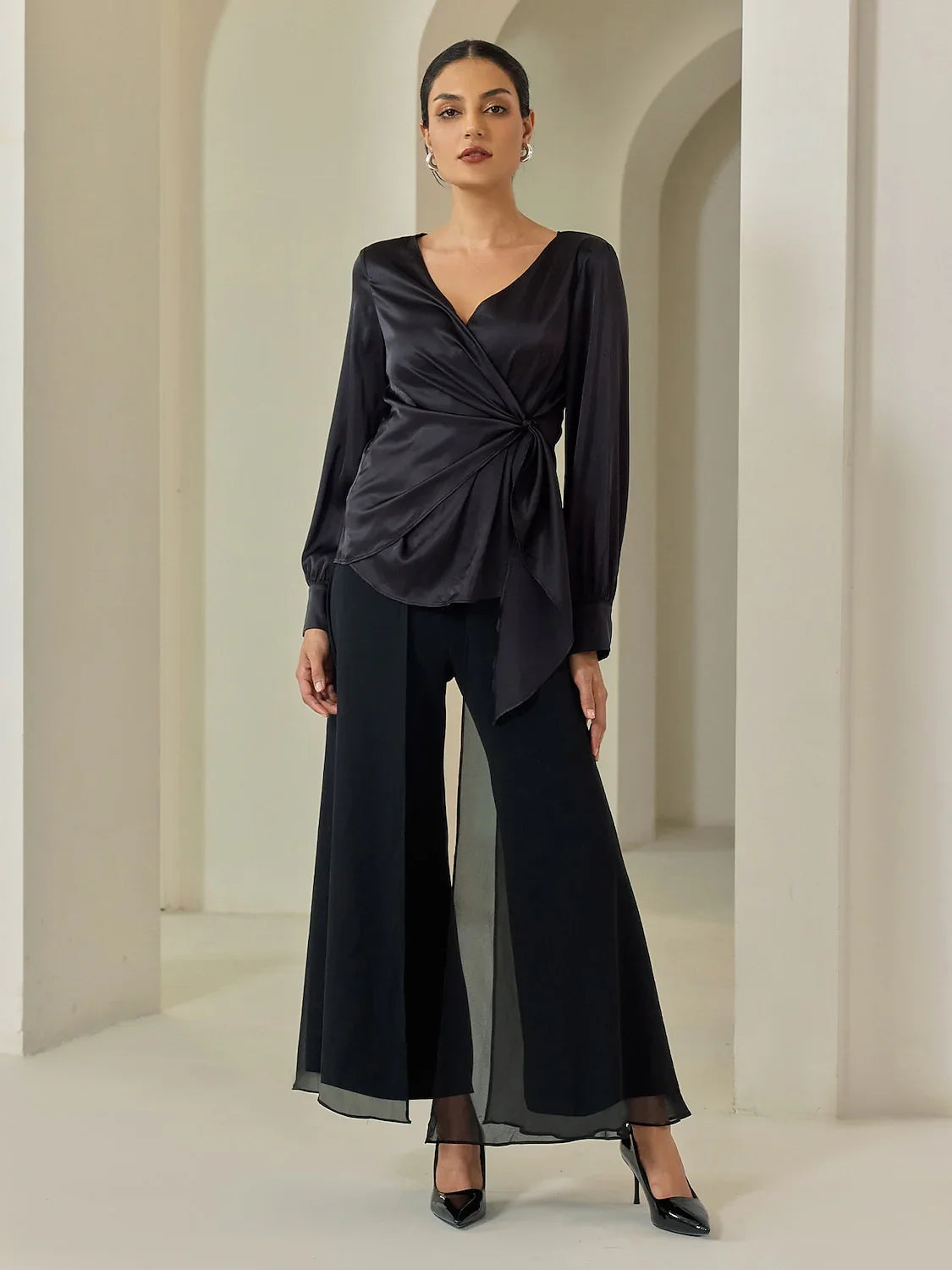 Black Full Length Chiffon High Elasticity Palazzo Pants