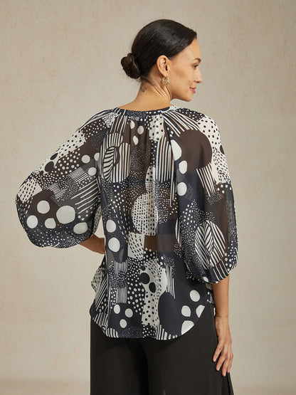 Abstract Print Puff Sleeve V-Neck Chiffon Blouse