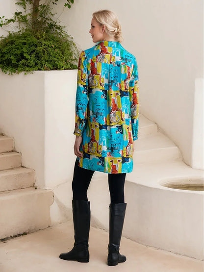 Rayon Graffiti Cuff Lapel Shirt Mini Dress