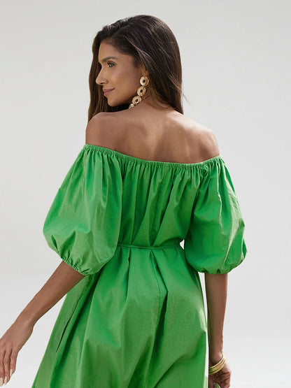 Cotton Resort Loose Fit Off-Shoulder Puff Maxi Dress