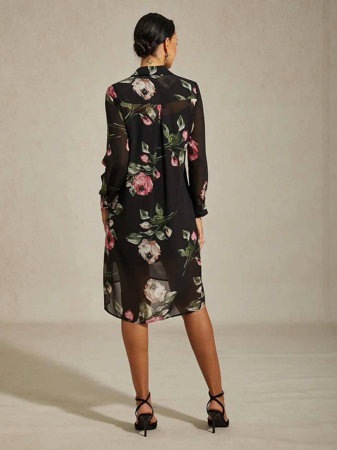 Chiffon Black Floral Print Shirt Mini Dress