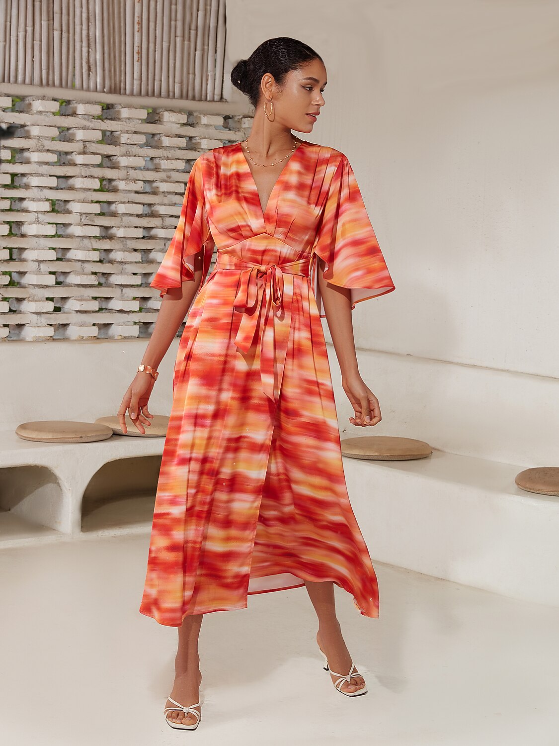 Shading Print V-Neck Maxi Dress