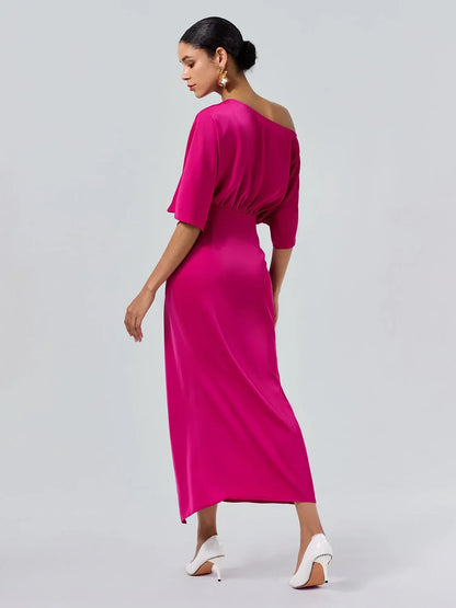 Satin Knotted Wrap Drop Shoulder Maxi Dress