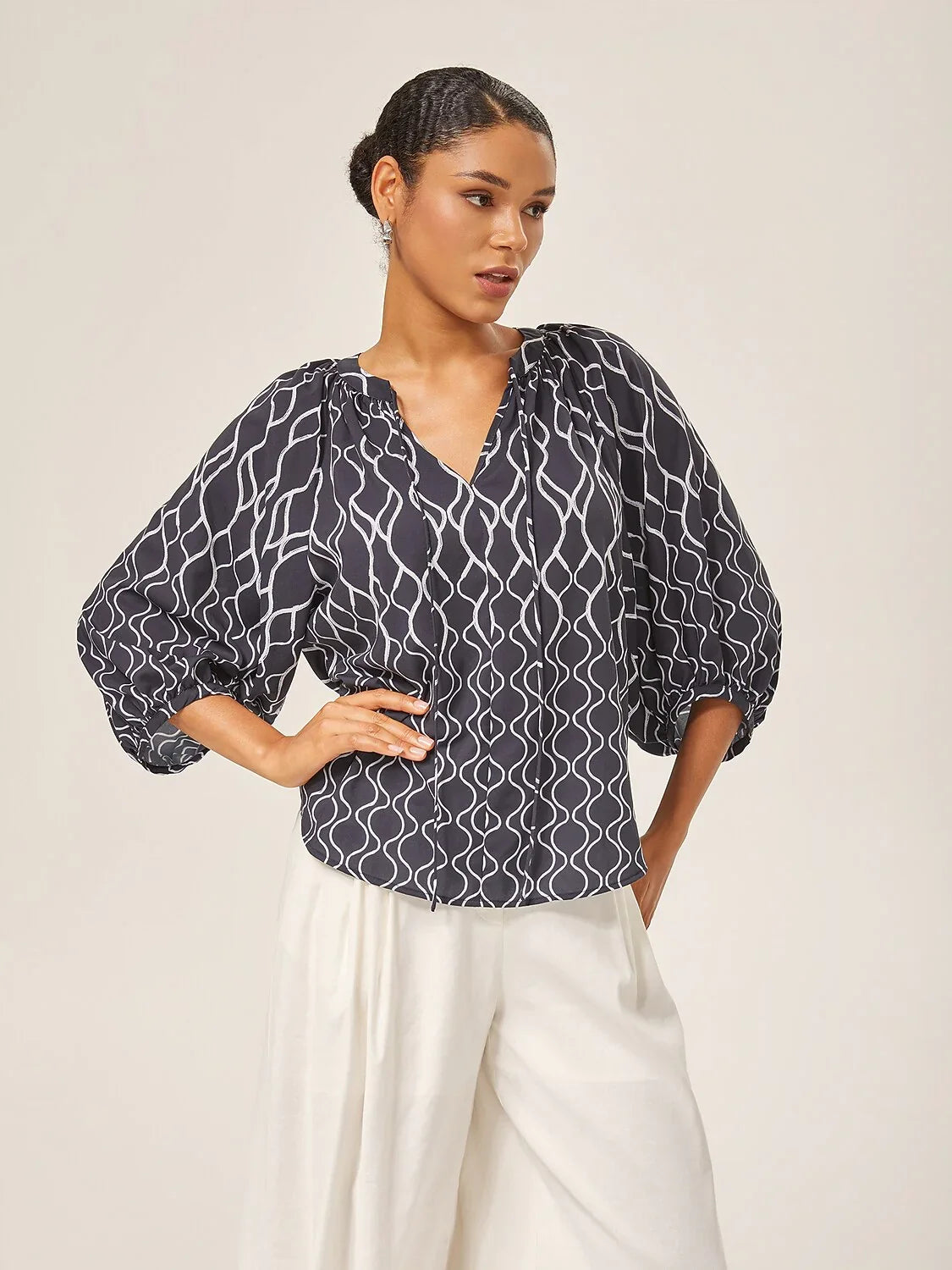 Monochrome Print Lantern Sleeve Top