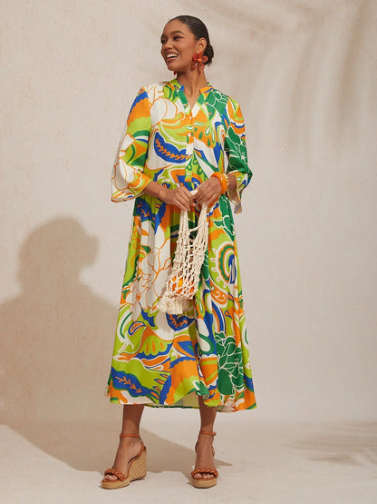 Boho Paisley Silky Satin Maxi Dress