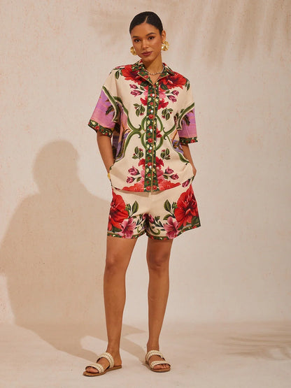 Hawaii Palm Airy Linen Look Floral Shorts
