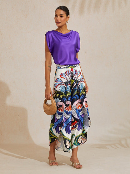Bird Flower Satin Slit Wide Leg Pants