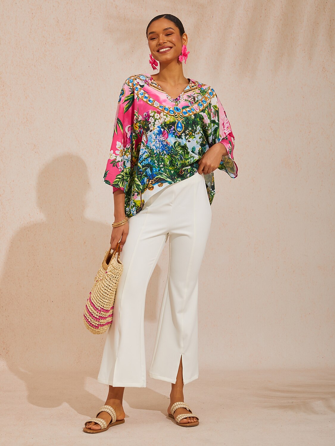 Pink Jungle Party Silky Satin Diamond Batwing Top