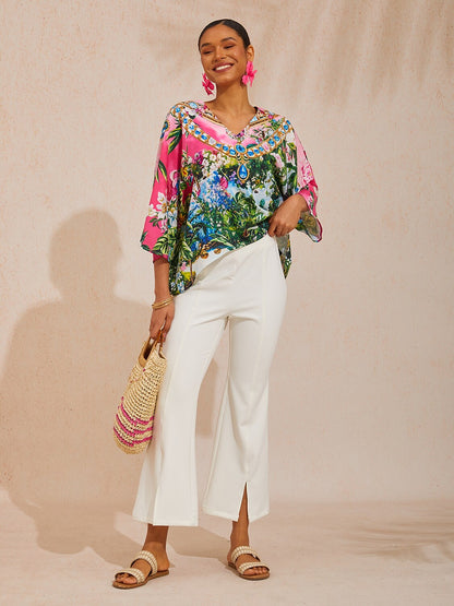 Pink Jungle Party Silky Satin Diamond Batwing Top