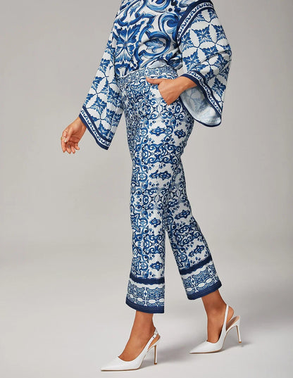Blue White Porcelain Print Stretch Flare Pants
