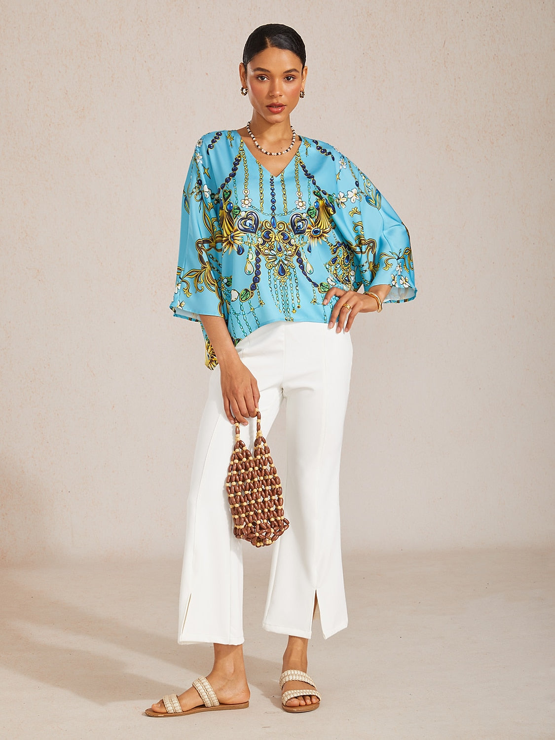 Indigo Tigress Silky Satin  Vacation Batwing Top