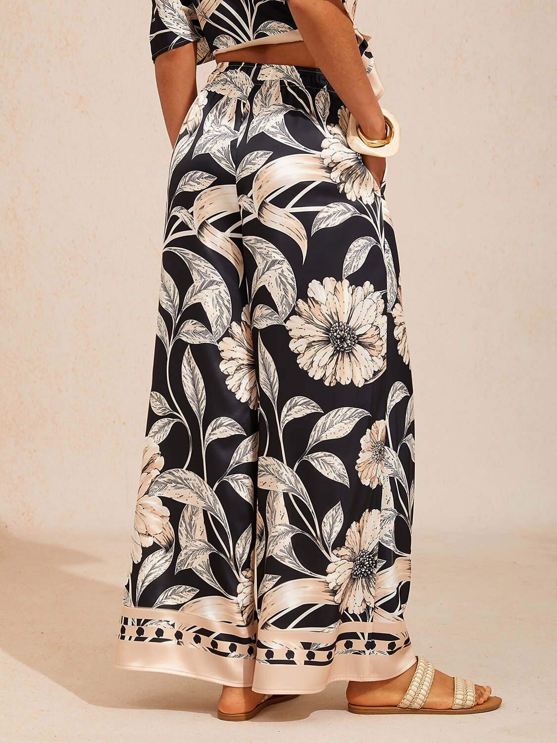 Golden Petal Silky Satin Wide Leg Pants