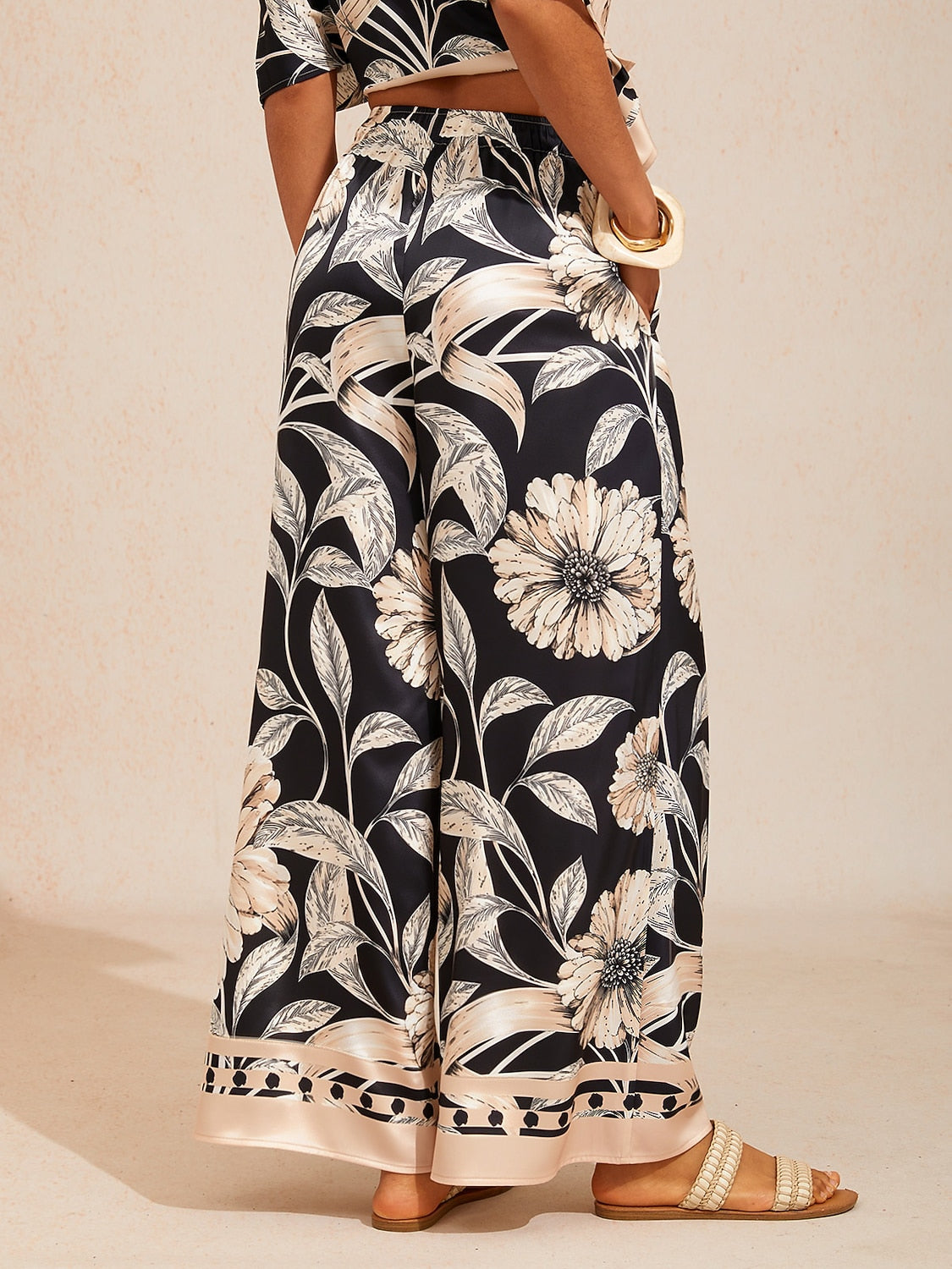 Abstract Bell Flower Satin Wide Leg Pants