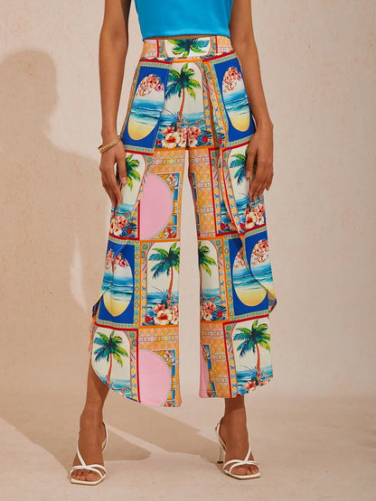 Summer Escape Curved Hem Cross-over Satin Wide leg Pants
