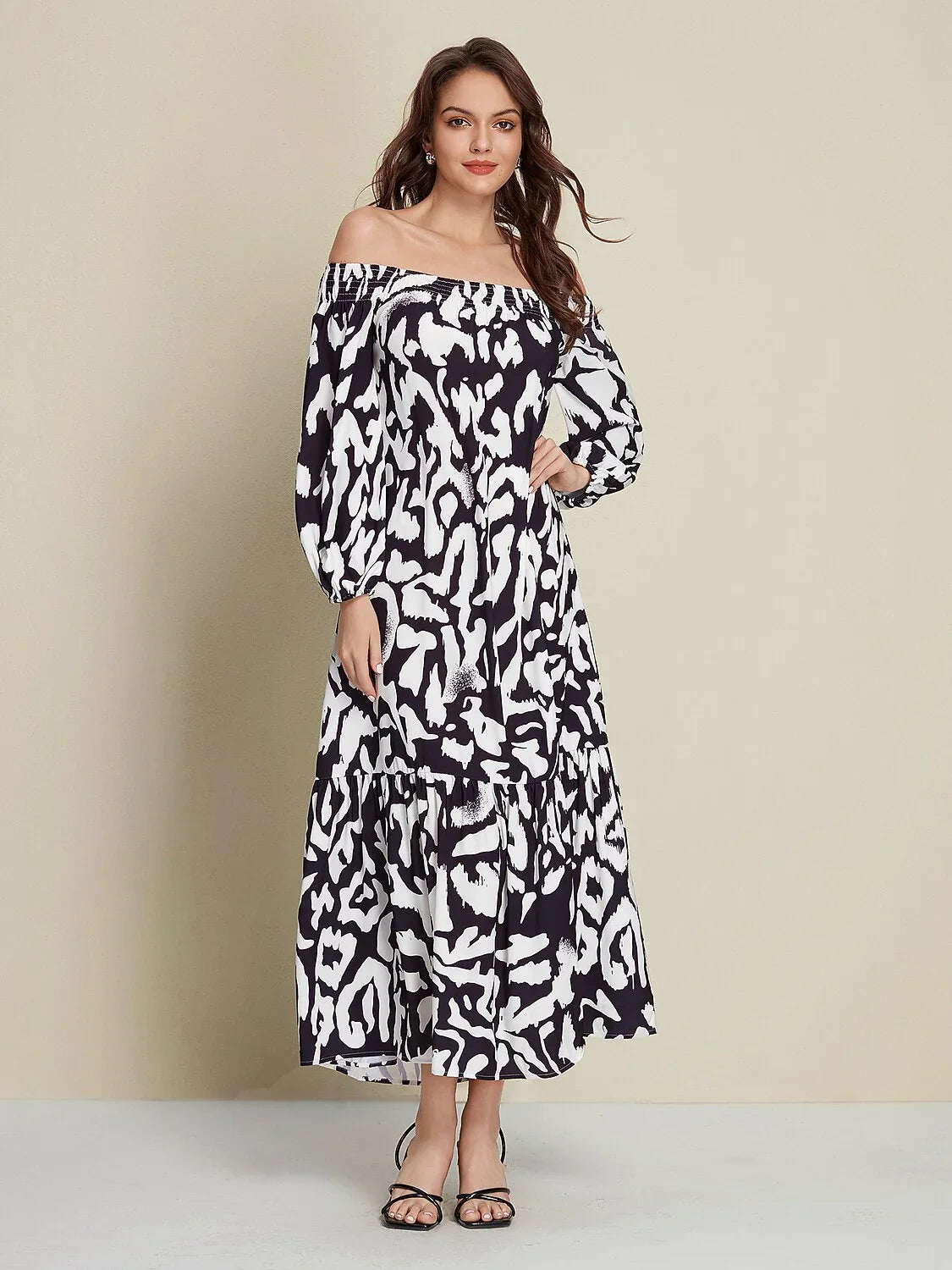 Satin Abstract Graffiti Print Off Shoulder Maxi Dress