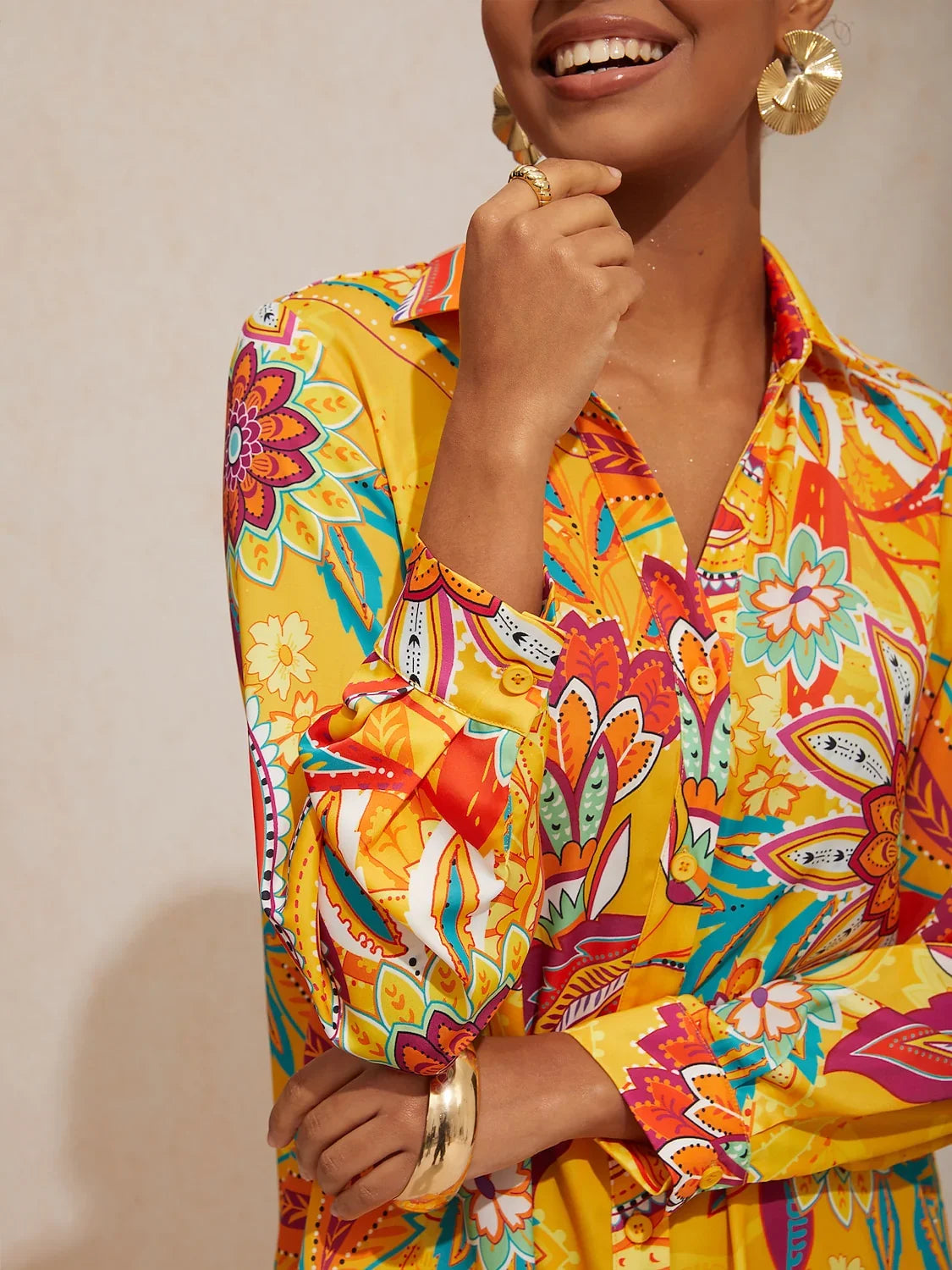Boho Paisley Silky Satin Shirt Dress