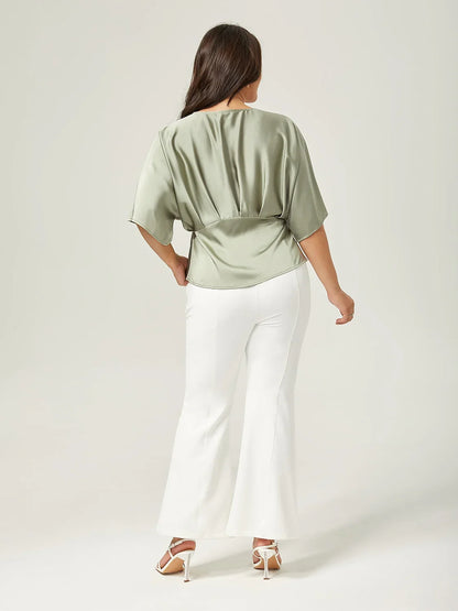 Satin Dolman Sleeve Inverted Pleat V-Neck Top
