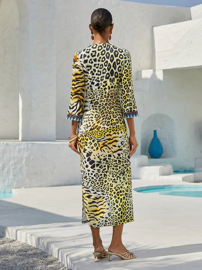 Abstract Paisley Print Knit Stretch Fitted Maxi Dress