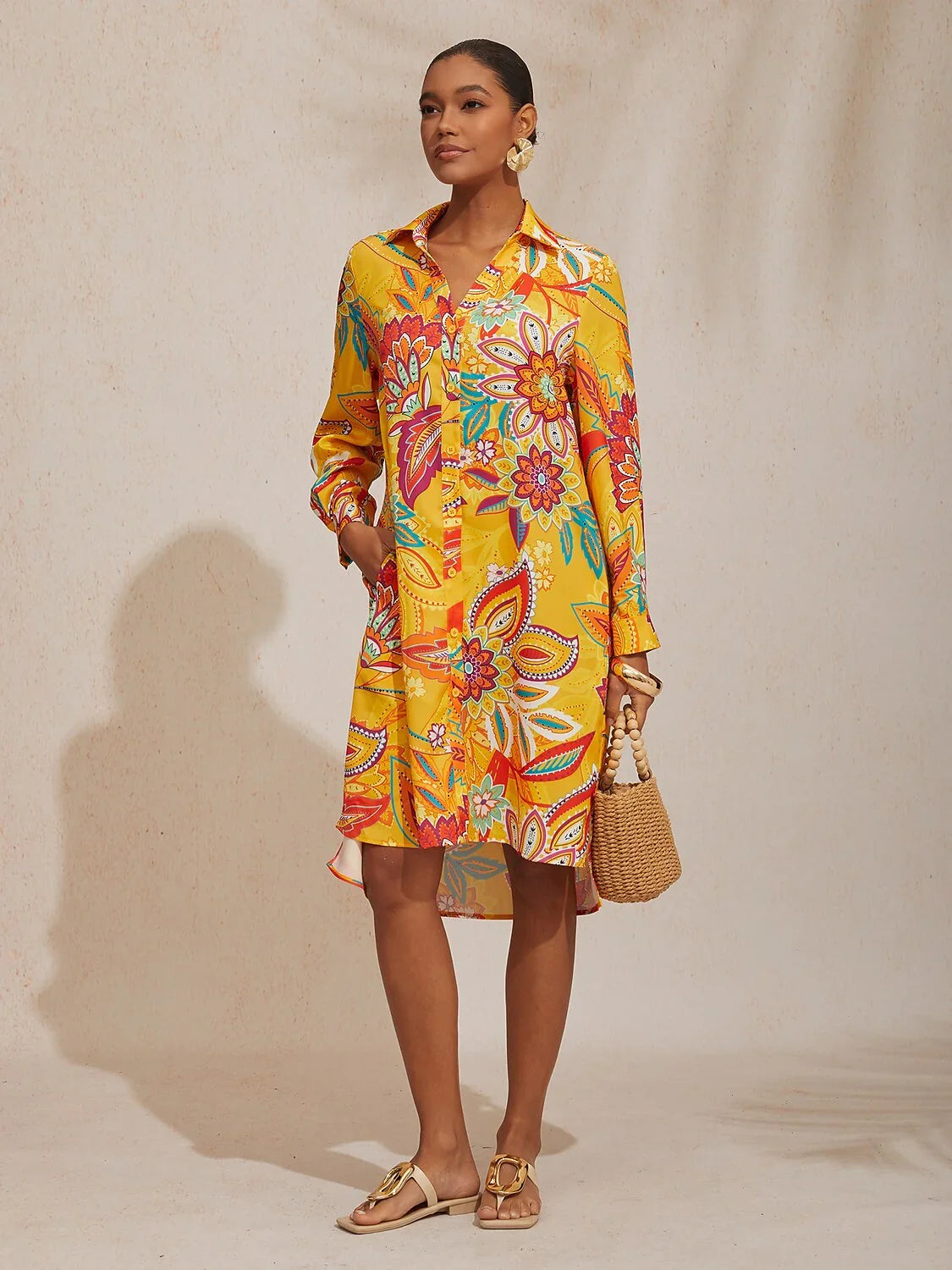 Boho Paisley Silky Satin Shirt Dress