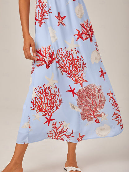 Rotes Chiffon-Maxikleid mit Ozeanmotiv und Spaghettiträgern