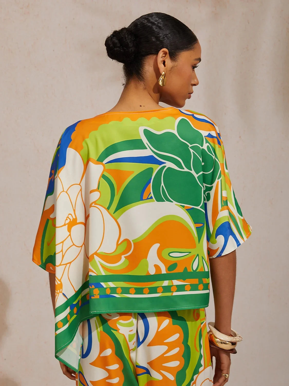 Summer Night Palm Silky Satin Dolman Sleeve Top