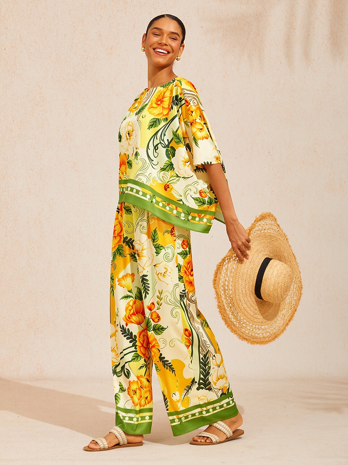 Golden Bloom Silky Satin Batwing Top