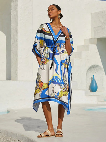 Ocean Blue Orchid Silky Satin Kaftan
