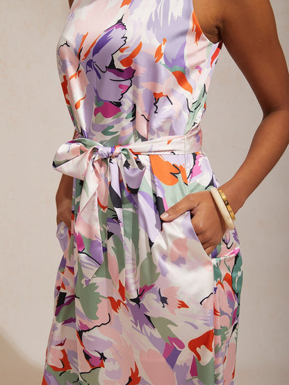Vacation Geometric Color Block Print Straight Fit Satin Maxi Dress