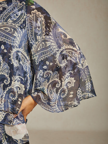 Green Paisley Botanical Print Layered Chiffon Blouse