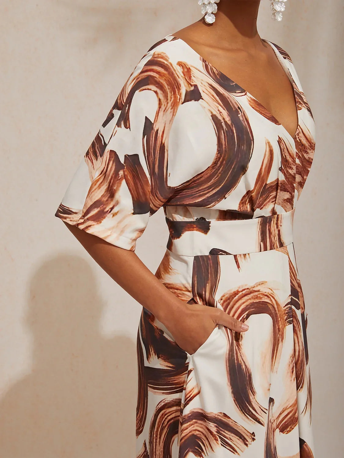 Vacation Abstract Brushstroke Print Waist Cinching Satin Maxi Dress