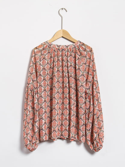 Casual Chiffon Geometric Puff Sleeve Blouse