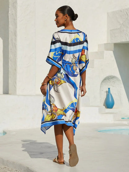 Ocean Blue Orchid Silky Satin Kaftan