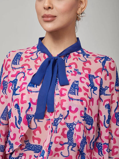 Pink Leopard Print Long Sleeve Blouse