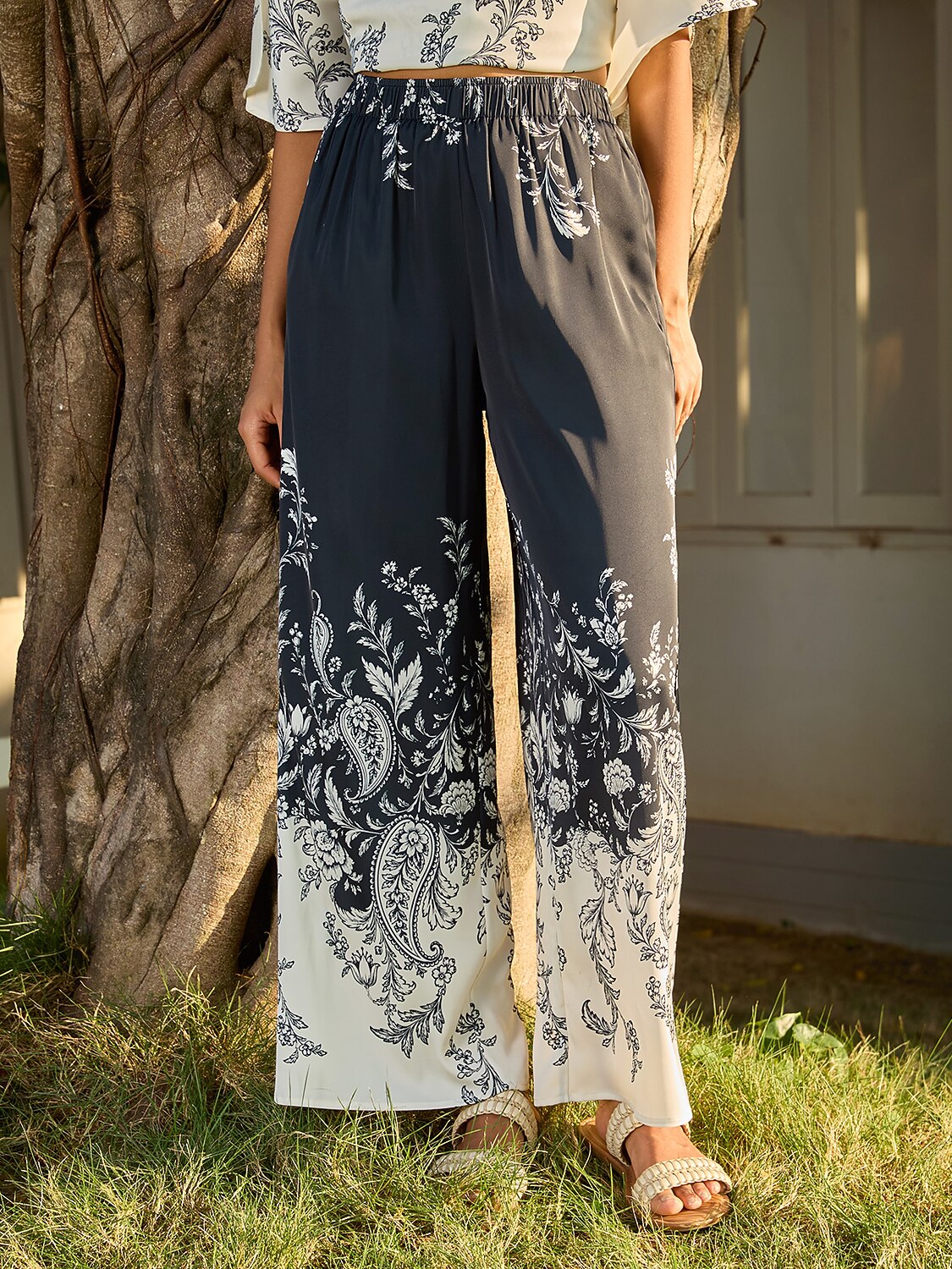 Artistic Graphic Silky Satin Wide Leg Pants