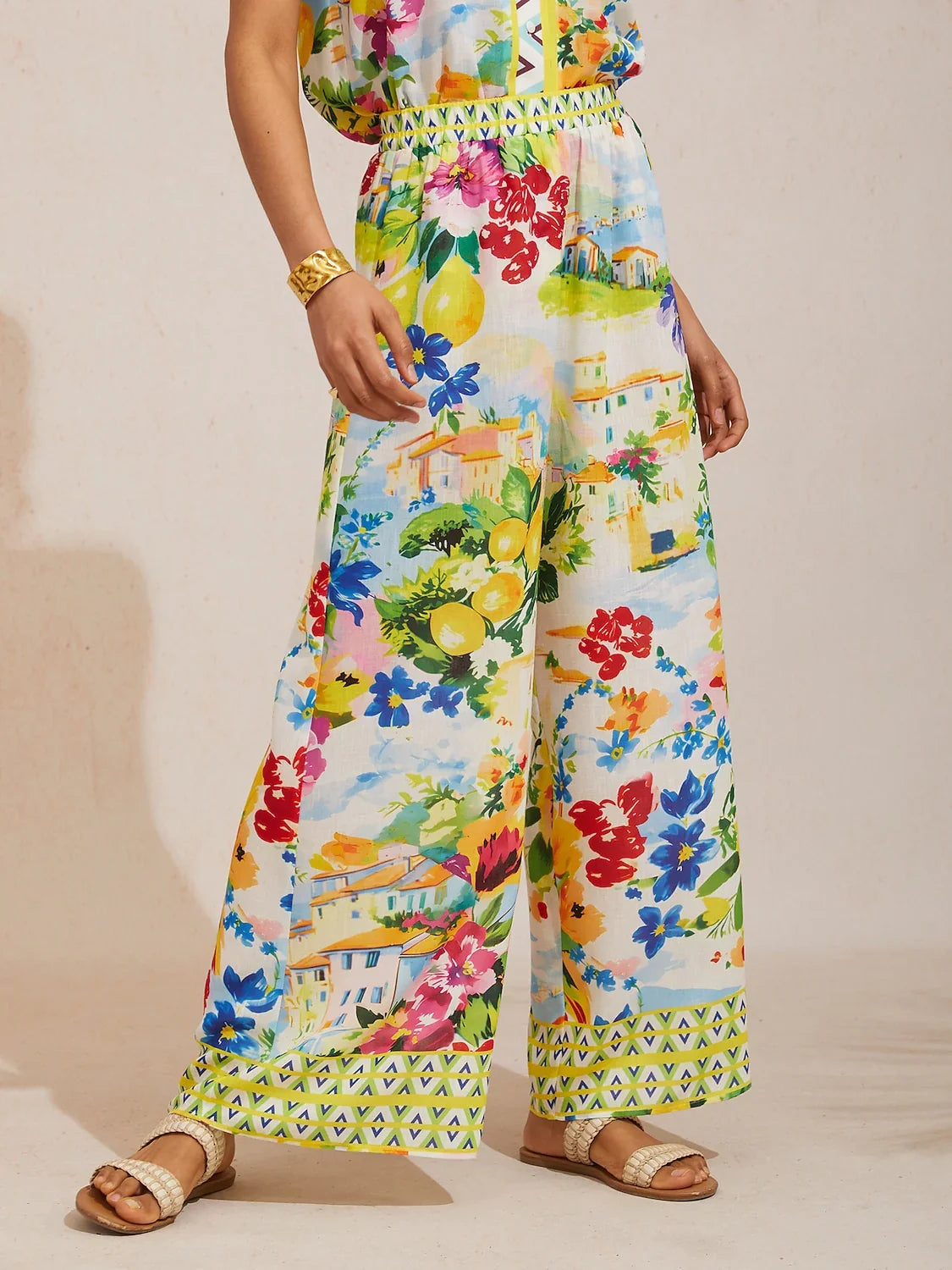Holiday Citrus Garden Airy Linen Look Wide Leg Pants