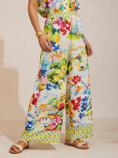 Holiday Citrus Garden Airy Linen Look Wide Leg Pants
