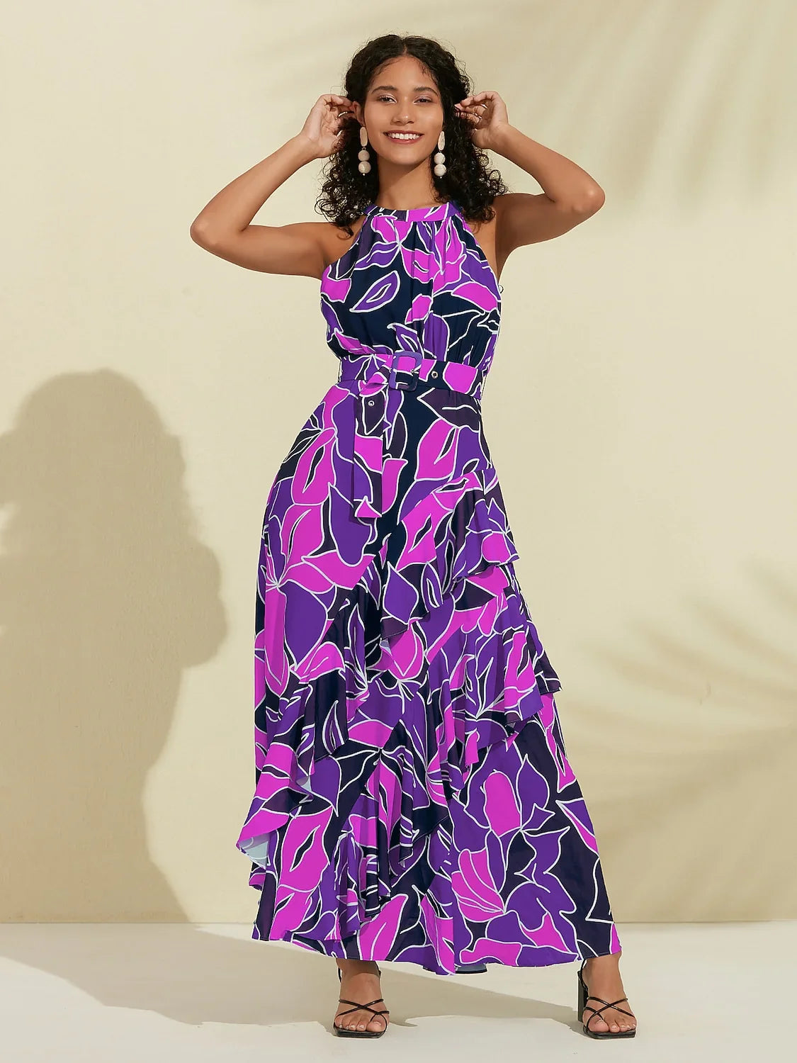 Chiffon Floral Print Halter Neck Ruffle Maxi Dress