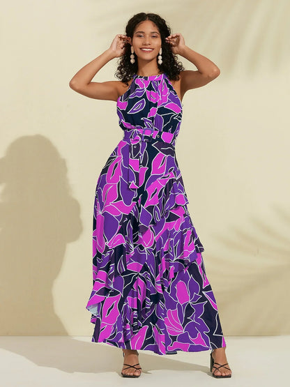 Chiffon Floral Print Halter Neck Ruffle Maxi Dress