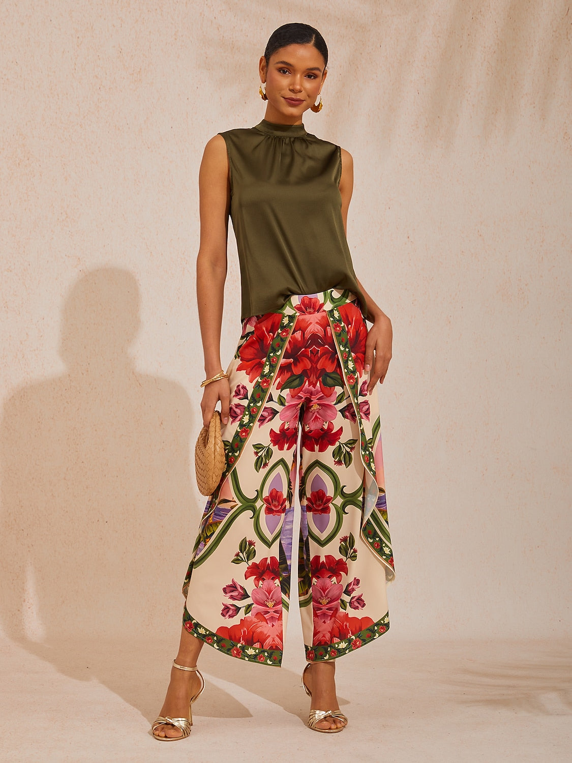 Hawaii Palm Satin Slit Wide Leg Pants