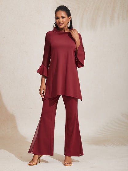 Elegant Chiffon Sheer Panels Flared Pants