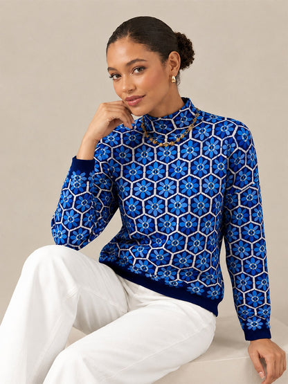 Blue Floral Core Spun Yarn Mock Neck Pullover