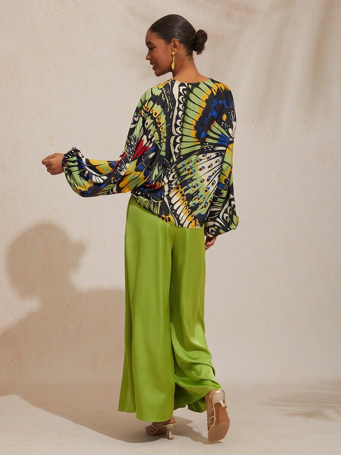 Jungle Butterfly Silky Satin Wide-Leg Pants