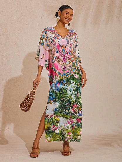 Pink Jungle Party Flowy Chiffon Diamond Maxi Dress