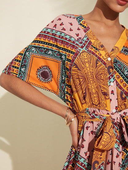 Folk Print V Neck Maxi Chiffon Dress