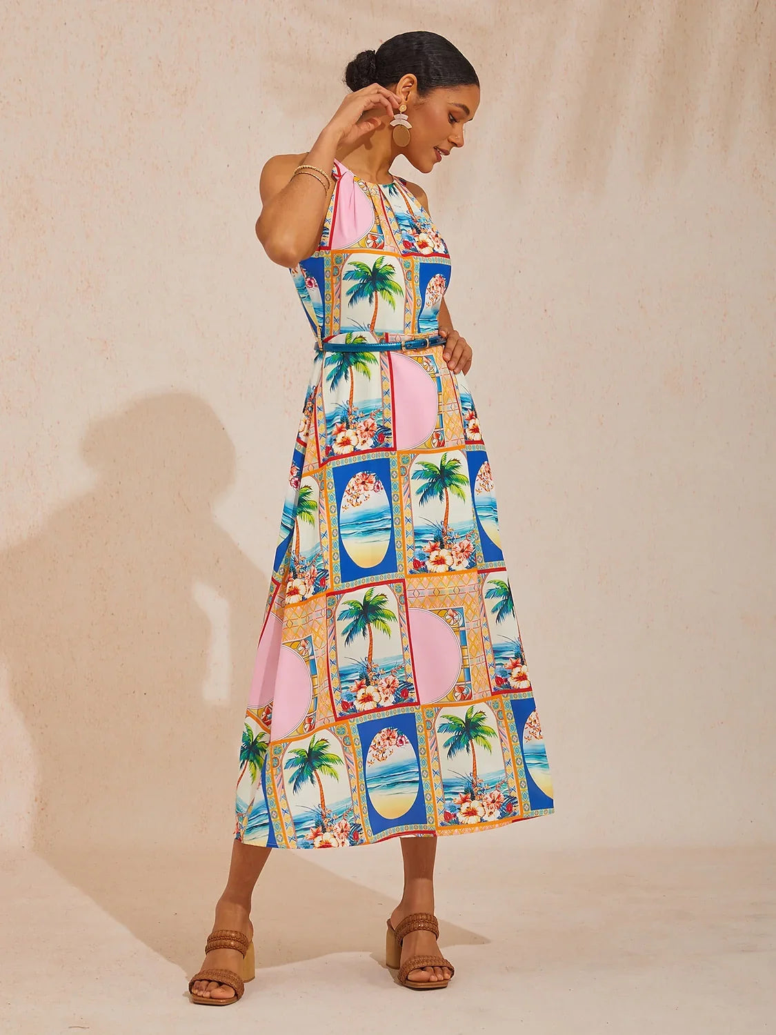 Summer Escape Geometric Waist-cinching Satin Maxi Dress