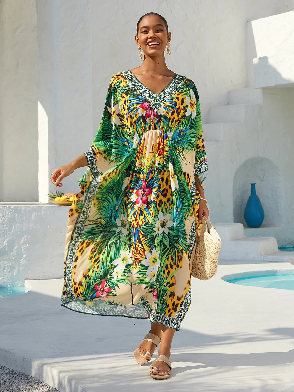 Tropical Temptation Flowy Chiffon Lepord Kaftan
