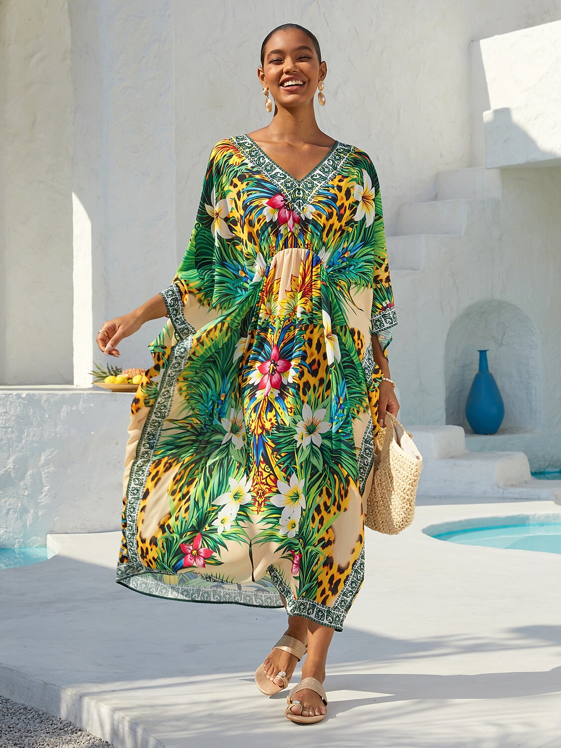 Tropische Versuchung Fließender Chiffon-Leoparden-Kaftan