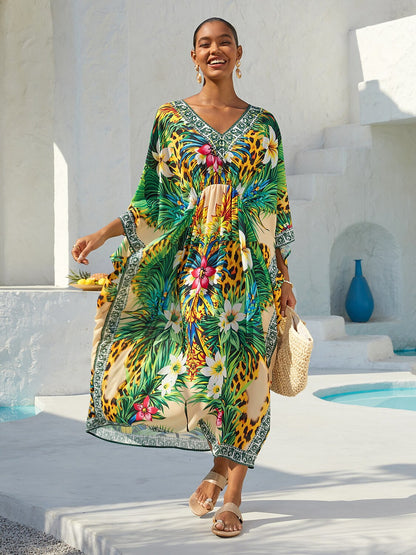Tropische Versuchung Fließender Chiffon-Leoparden-Kaftan